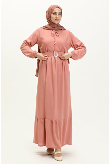 sefamerve Powder Viscose Belted Gathered Dress - 2202-02