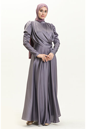 sefamerve Lilac Satin Evening Dress - Draped Front Design, Model 6059-06