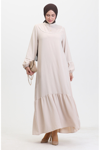 sefamerve Beige Embroidered Dress - Elastic Sleeve, Model 0470-04