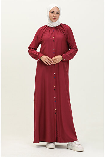 sefamerve Claret Red Viscose Dress - Double Buttoned, Model 5110-05
