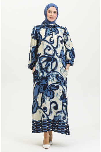 sefamerve Half Button Viscose Dress - Indigo Beige, Color Garnished 0396-05
