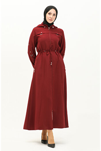 sefamerve Burgundy Hooded and Gathered Waist Ferace 61346-04
