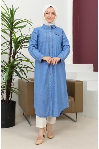 sefamerve Blue Long Denim Tunic - 7001-01 Model