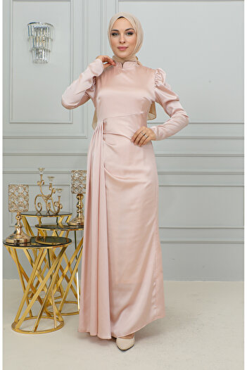 sefamerve Powder Satin Evening Dress - Pleat Detailed, Model 6154-01