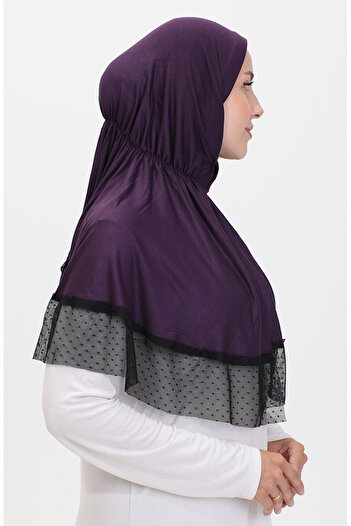 sefamerve Purple 1270-07 Model Practical Tulle Detailed Shawl