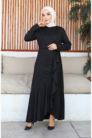 sefamerve 1907-07 Black Flounce Side Tie Dress