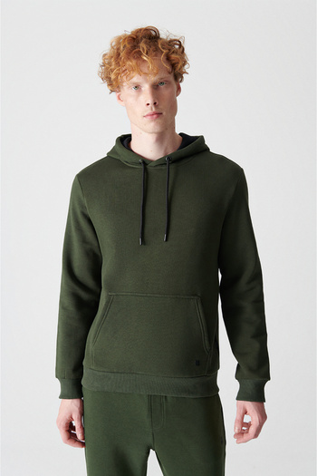 Avva Men's Khaki Hooded Raised 3 Thread Cotton Sweatshirt E 001018