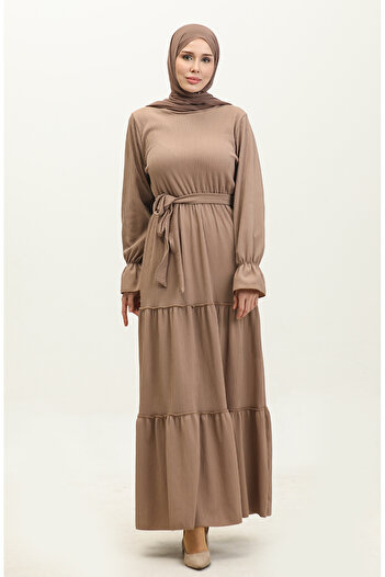 sefamerve Mink Colored Flounce Sleeves and Belted Dress 0304-06