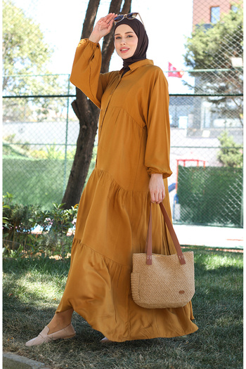 sefamerve Tan 0463-06 Model Dress with Buttons and Elastic Sleeves