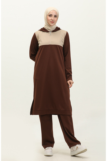 sefamerve 3021-03 Model Brown Hooded and Zippered Double Suit Set