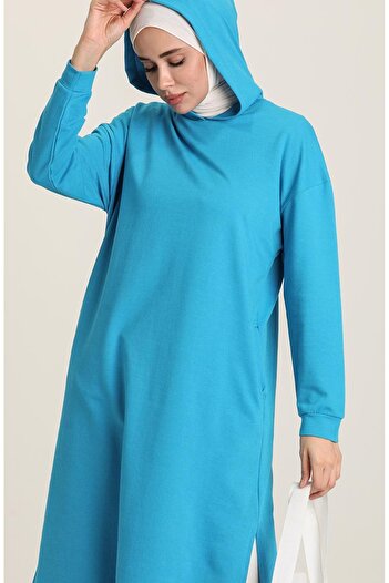 sefamerve Kapüşonlu Spor Tunik 3007-19 Turkuaz