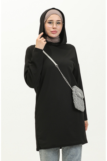 sefamerve Black Hooded Seasonal Tunic - 8655-01 Plain Design