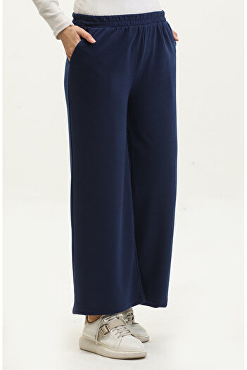sefamerve Navy Blue Pocketed Wide Leg Sweatpants - 0283-06