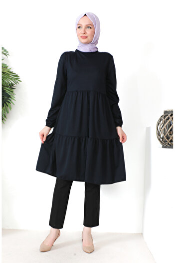 sefamerve Navy Blue Gathered Tunic - 0699-11 Model
