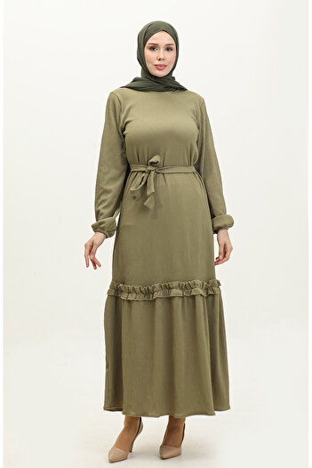 sefamerve Khaki Green Corded Belted Dress - 0261-09
