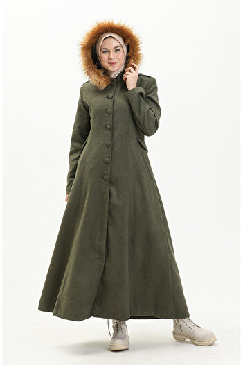 sefamerve Khaki Green Hooded Cashmere Coat -712010-04