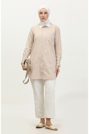 sefamerve Beige Striped Tunic - 4822-04 Model