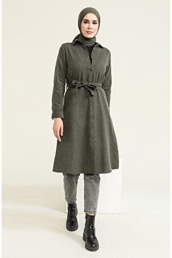 sefamerve Wool Viscose Belted Tunic 6544-03 Khaki