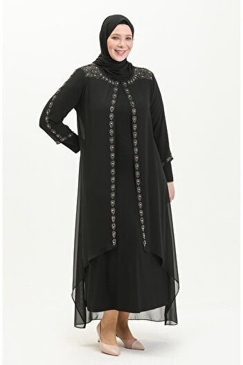 sefamerve Plus Size Stone Printed Evening Dress 5066A-01 Black