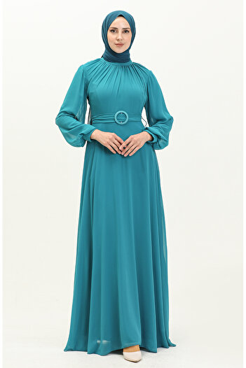 sefamerve Turquoise Pleated Chiffon Evening Dress - 5502-01 Model Dress