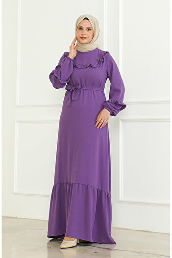 sefamerve Purple Aerobin Fabric Ruffle and Belted Dress 0478-02