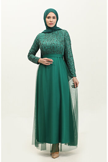 sefamerve Emerald Green Black Lace Belted Evening Dress - 5353A-03