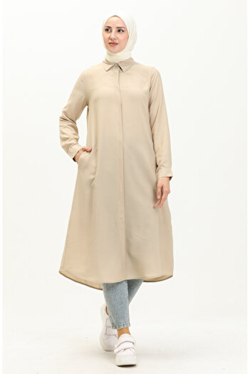 sefamerve Stone Colored Viscose Tunic with Pockets and Hidden Placket - 6435-26