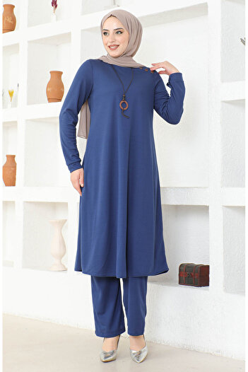 sefamerve Indigo Necklace Tunic and Trousers Set - 0580-03