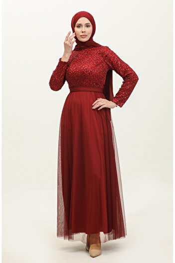 sefamerve Burgundy Lace Belted Evening Dress - 5353A-05