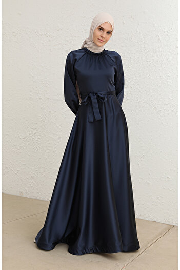 sefamerve Navy Blue Satin Evening Dress - Belted, Model 5758-01