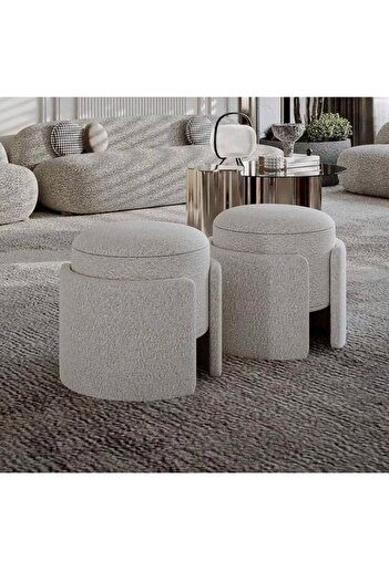 Mezza Home Lüks Bouclé Kumaşlı Özel Üretim Kapaklı Depolamalı Modern Puf 43x40 cm