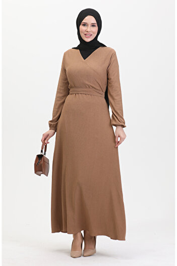 sefamerve Milk Brown Colored Side Tie Wrap Dress - 1033-05