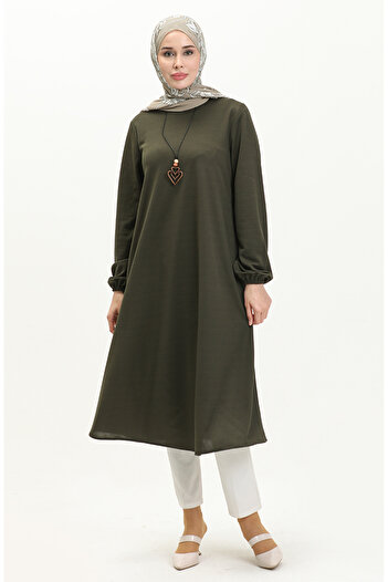 sefamerve Khaki Colored Necklace Long Tunic - 2727-11 Model