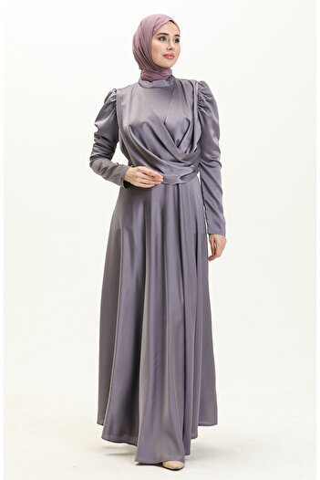 sefamerve Lilac Satin Evening Dress - Draped Front Design, Model 6059-06