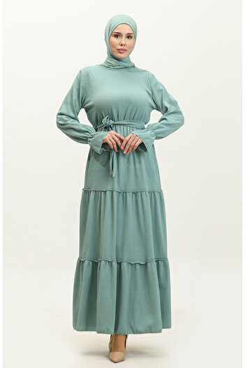 sefamerve Green Green - Flounce Sleeves and Belted Dress 0304-02
