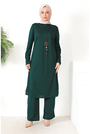 sefamerve Emerald Green Necklace Tunic and Trousers Set - 8585-05