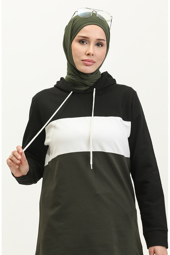 sefamerve Black Khaki Hooded Tunic - 23034-01
