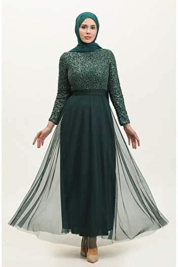sefamerve Emerald Green Lace Belted Evening Dress - 5353A-09