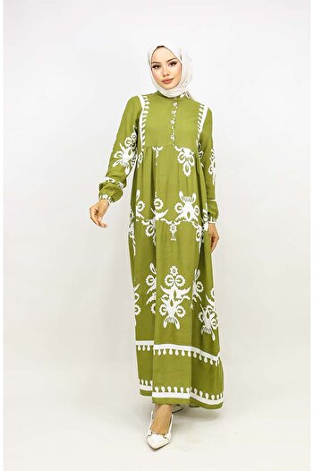 sefamerve Oil Green Tile Patterned Dress - 4100-09
