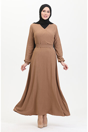 sefamerve Milk Brown Colored Side Tie Wrap Dress - 1033-05