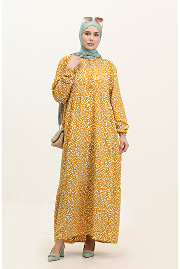sefamerve Patterned Viscose Plus Size Dress - 4086-04 Mustard