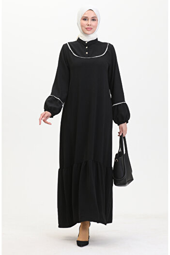 sefamerve Black Embroidered Dress - Elastic Sleeve, Model 0470-01