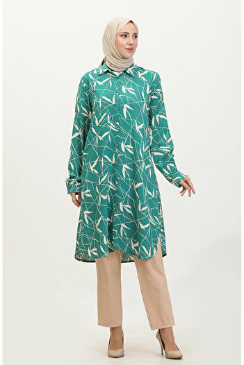 sefamerve Green Patterned Large Size Shirt Tunic - 2022B-04