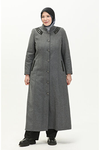 sefamerve Γκρι παλτό Stamp - Plus Size, Ολόσωμο κουμπιά, 0417-02