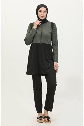 sefamerve 2317-04 Model Khaki Black Zippered Hijab Swimsuit