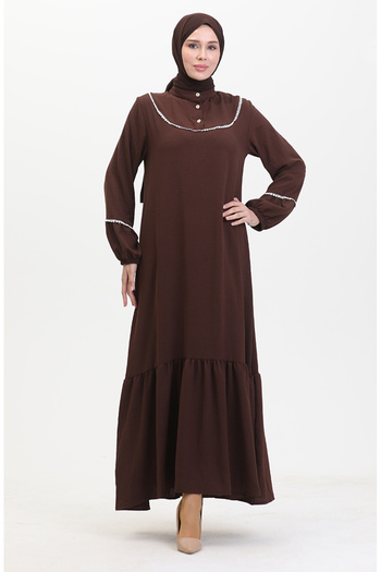 sefamerve Brown Dress with Embroidery Detail - Elastic Sleeve 0470-05