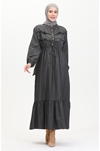 sefamerve Smoke Colored Front Ruffle Denim Dress - 0486-01