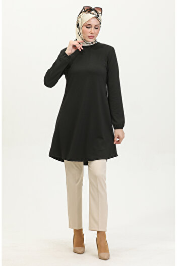 sefamerve Black Plain Flowing Elastic Tunic 8722-01