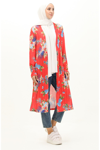 sefamerve 8636-01 Coral Red - Camisole Patterned Long Cardigan