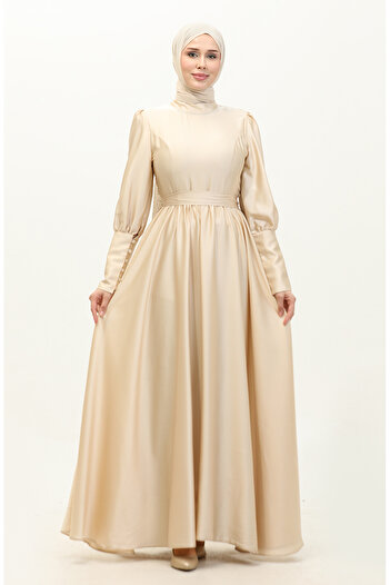 sefamerve Light Beige Satin Evening Dress with Cups, Model 6080-10